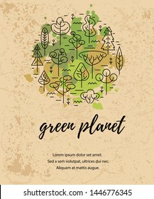 Vector illustration with trees. Place for text. Ecological concept. Template for flyer, poster, invitation, Earth day. Flat, thin line style design. Circle concept.