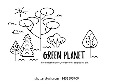 Vector illustration with trees. Place for text. Ecological concept. Template for flyer, poster, invitation, web, announcement, headline. Thin line style design.