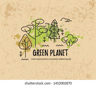 Vector illustration with trees. Place for text. Ecological concept. Template for flyer, poster, invitation, web, announcement, headline. Flat, thin line style design.