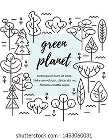 Vector illustration with trees. Place for text. Ecological concept. Template for flyer, poster, invitation, web, announcement. Thin line style design.
