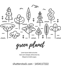 Vector illustration with trees. Place for text. Ecological concept. Template for flyer, poster, invitation, web, announcement. Thin line style design.