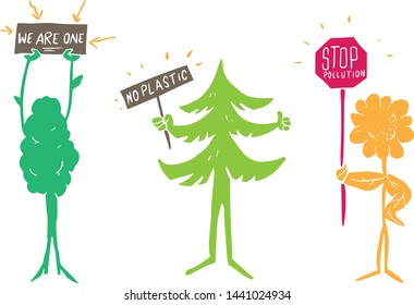 A vector illustration of trees and plants protesting against pollution