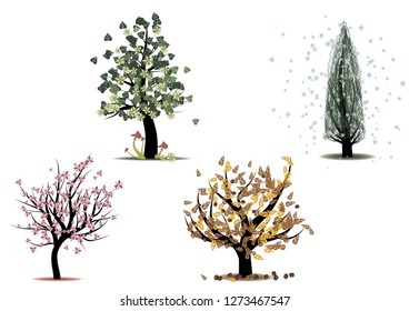 vector illustration of trees. seasons - winter, autumn, spring, summer