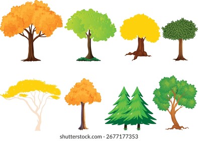 Vector illustration of trees showing seasons: lush green summer tree, golden autumn tree, and bare winter tree.