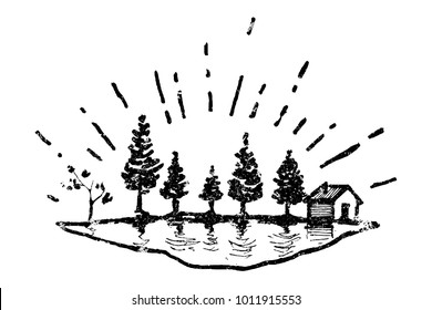 Vector illustration of the trees and the small house near the lake. Vintage, grungy style.