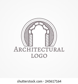 Vector illustration of trefoil arch icon with text. Design element with gray trefoil arch line style icon with sample text for some architecture business on white background. Logo, logotype