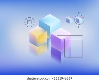 Ilustração vetorial em estilo de gradiente 3D moderno: cubos pastel com matizes azuis, roxos e amarelos em um plano de fundo azul suave. Aparência abstrata moderna, popular em design digital e web.