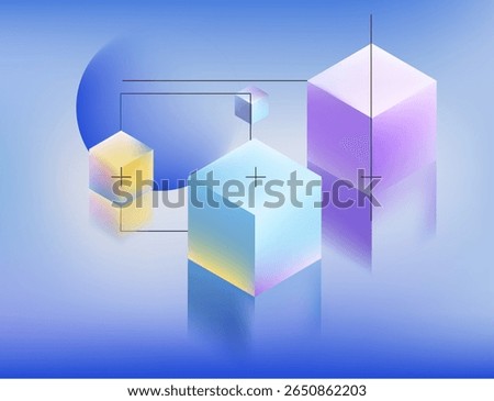Vector illustration in trendy 3D gradient style: pastel cubes with blue, purple, and yellow hues on a soft blue background. Modern abstract look, popular in digital and web design.