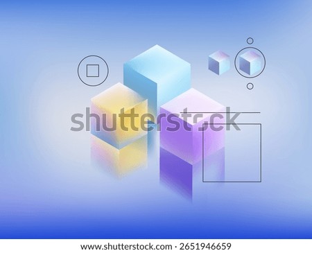 Vector illustration in trendy 3D gradient style: pastel cubes with blue, purple, and yellow hues on a soft blue background. Modern abstract look, popular in digital and web design.