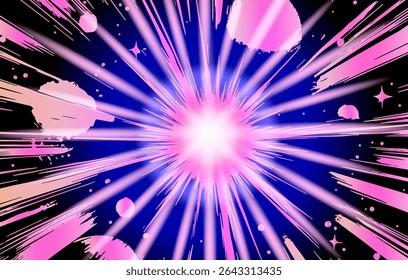 Vector illustration in trendy anime-comic style features a dynamic burst of pink, purple, and blue rays with energetic splashes and star shapes, reflecting an up-to-date pop art aesthetic.
