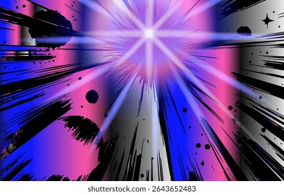 Vector illustration in trendy anime-comic style features a dynamic burst of pink, purple, and blue rays with energetic splashes and star shapes, reflecting an up-to-date pop art aesthetic.