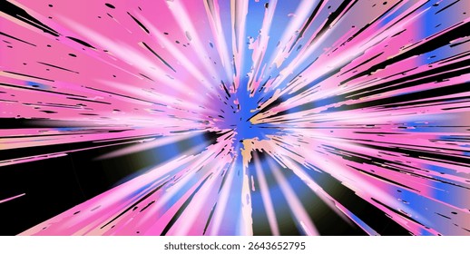 Vector illustration in trendy anime-comic style features a dynamic burst of pink, purple, and blue rays with energetic splashes and star shapes, reflecting an up-to-date pop art aesthetic.
