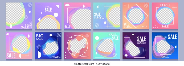 Vector illustration. Trendy banners set. Editable frames with transparent background. Minimalist gradient shapes. Fluid and liquid concept. Memphis pattern. Design for social media and mobile apps