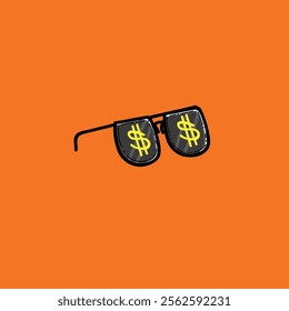 Vector illustration of trendy black sunglasses decorated with striking dollar signs, set against a bold orange backdrop. Captures themes of wealth, fashion, and boldness with a modern graphic style.