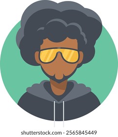 Vector illustration of a trendy character with sunglasses and afro hairstyle, ideal for creative projects, branding, and digital marketing content