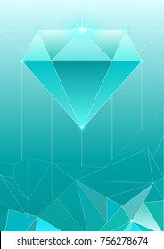 Vector illustration of trendy cosmic crystal geometric shapes pyramid in light blue color. Polygon diamond or crystal poster.