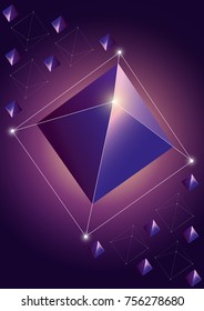 Vector illustration of trendy cosmic crystal geometric shapes pyramid in purple color. Polygon diamond or crystal poster.