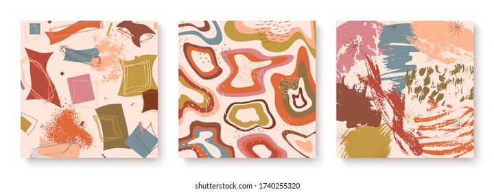 
Vector illustration of trendy creative cards. Modern abstract shapes, hand-drawn textures, scribbles. Design for poster, card, invitation, brochure.