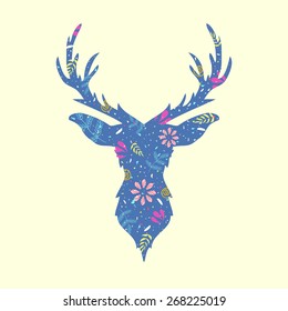Vector illustration with trendy deer head with floral pattern 