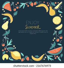  Ilustración vectorial. Diseño de moda para la invitación a la fiesta de verano en la playa, carta de bebidas alcohólicas, carta de cócteles. Combinaciones de colores de verano usadas con pera, manzana, lima, limón, sandía. 