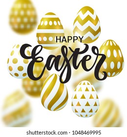 Vector illustration, trendy Easter background with realistic golden eggs and Happy Easter lettering.