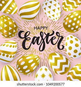 Vector illustration, trendy Easter background with realistic golden eggs and Happy Easter lettering.