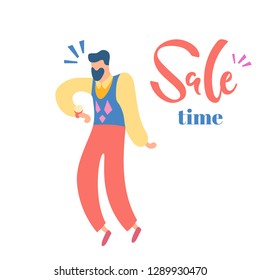 Vector illustration, trendy flat cartoon man with beard looking surprised on the wrist watch. "Sale time" lettering. Applicable as business time managament concept for posters, web banners etc.