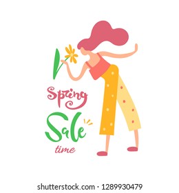 Vector illustration, trendy flat cartoon girl smelling flower. In warm colors. With "Spring Sale time" lettering. Applicable as spring activities concept for posters, web banners etc.