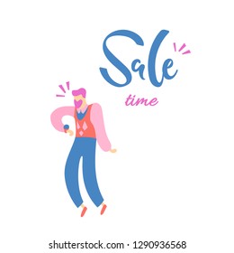 Vector illustration, trendy flat cartoon man with beard looking surprised on the wrist watch. "Sale time" lettering. Applicable as business time managament concept for posters, web banners etc.