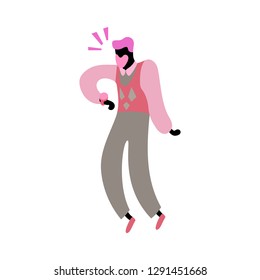 Vector illustration, trendy flat cartoon man with beard looking surprised on the wrist watch. In pink and grey colors. Applicable as business time managament concept for posters, web banners etc.