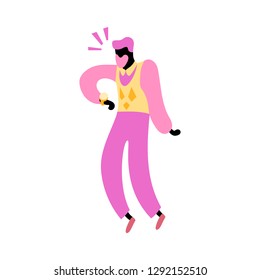 Vector illustration, trendy flat cartoon man with beard looking surprised on the wrist watch. In pink, yellow colors. Applicable as business time managament concept for posters, web banners etc.