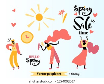 Vector illustration, trendy flat cartoon people set: man and women welcoming spring and sales, hand drawn lettering. In warm colors, 