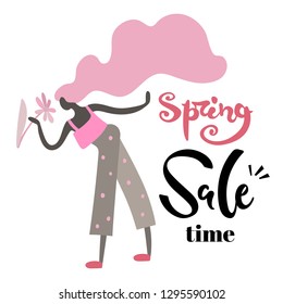 Vector illustration, trendy flat cartoon girl smelling flower. "Spring Sale time" lettering. Applicable as spring activities concept for posters, web banners etc.