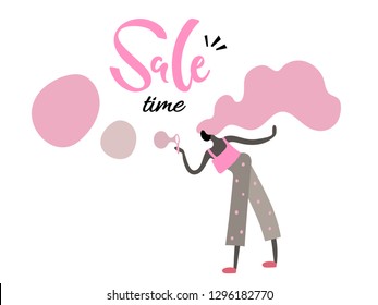 Vector illustration, trendy flat cartoon girl blowing bubbles. "Sale time" lettering. Applicable as spring activities concept for posters, web banners etc.