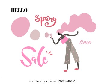 Vector illustration, trendy flat cartoon girl blowing bubbles. "Hello Spring Sale" lettering. Applicable as spring activities concept for posters, web banners etc.