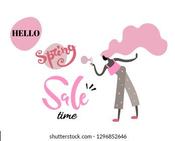 Vector illustration, trendy flat cartoon girl blowing bubbles. "Hello Spring Sale time" lettering. Applicable as spring activities concept for posters, web banners etc.