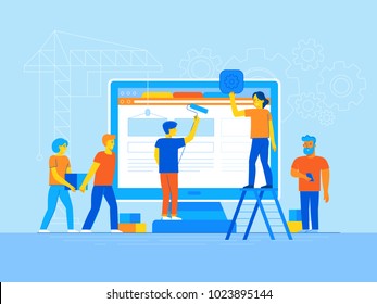 Vector illustration in trendy flat and linear style -mobile app design and user interface development concept - small people building application with blocks on the screen of the mobile phone - banner