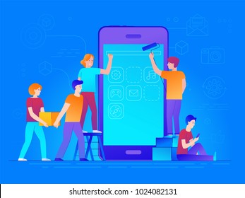 Vector illustration in trendy flat and linear style -mobile app design and user interface development concept - small people building application with blocks on the screen of the mobile phone - banner
