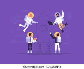 Vector illustration in trendy flat and linear style - teamwork and start up concept - small people in space suits constructing space ship - banner and infographics design template