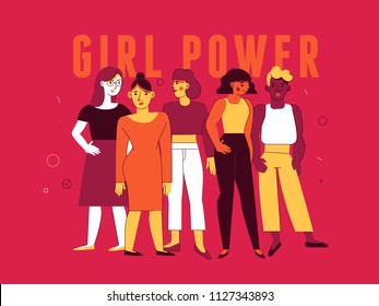 Vector illustration in trendy flat linear minimal style  with female characters - girl power and feminism  concept  - diverse women standing together