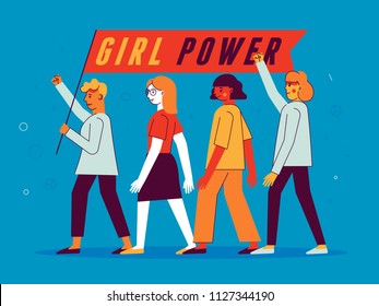 Vector illustration in trendy flat linear minimal style  with female characters - girl power and feminism  concept  - diverse women standing together