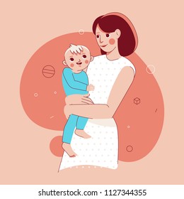 Vector illustration in trendy flat linear style - happy mother and child  - cartoon characters for infographics, banners, cover and hero images