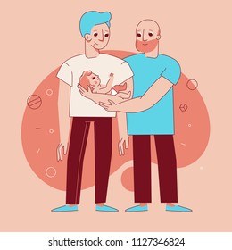 Vector illustration in trendy flat linear style - happy male gay couple with a baby - parenthood concept - - cartoon characters for infographics, banners, cover and hero images