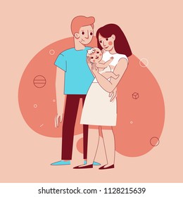 Vector illustration in trendy flat linear style - happy family and parenthood concept - happy mother and father with newborn kid - cartoon characters for infographics, banners, cover and hero images