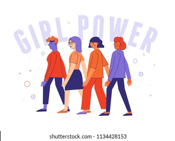 Vector illustration in trendy flat linear minimal style  with female characters - girl power and feminism  concept  - diverse women standing together