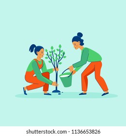 Vector illustration in trendy flat linear style - gardening concept  - cartoon female characters for infographics, banners planting and watering tree