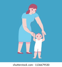 Vector illustration in trendy flat linear style - happy mother  holding child's hands and walking - cartoon characters for infographics, banners, cover and hero images