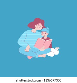 Vector illustration in trendy flat linear style - happy mother reading a book with child  - cartoon characters for infographics, banners, cover and hero images