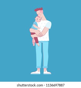 Vector illustration in trendy flat linear style - happy father and child  - cartoon characters for infographics, banners, cover and hero images