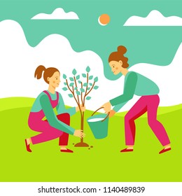 Vector illustration in trendy flat linear style - gardening concept  - cartoon female characters for infographics, banners planting and watering tree 